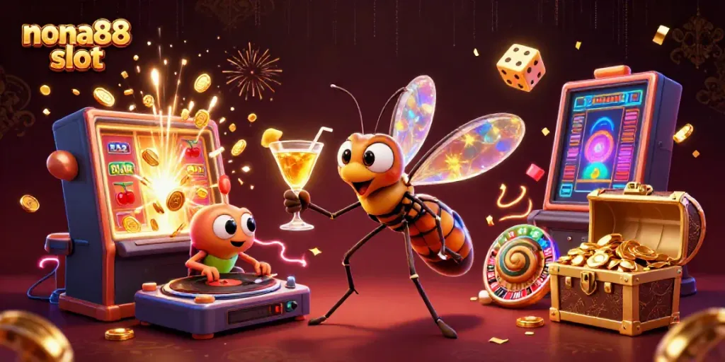 Experience the excitement of nona88 slot with a 3D-Nebula casino scene featuring animated characters and game symbols.
