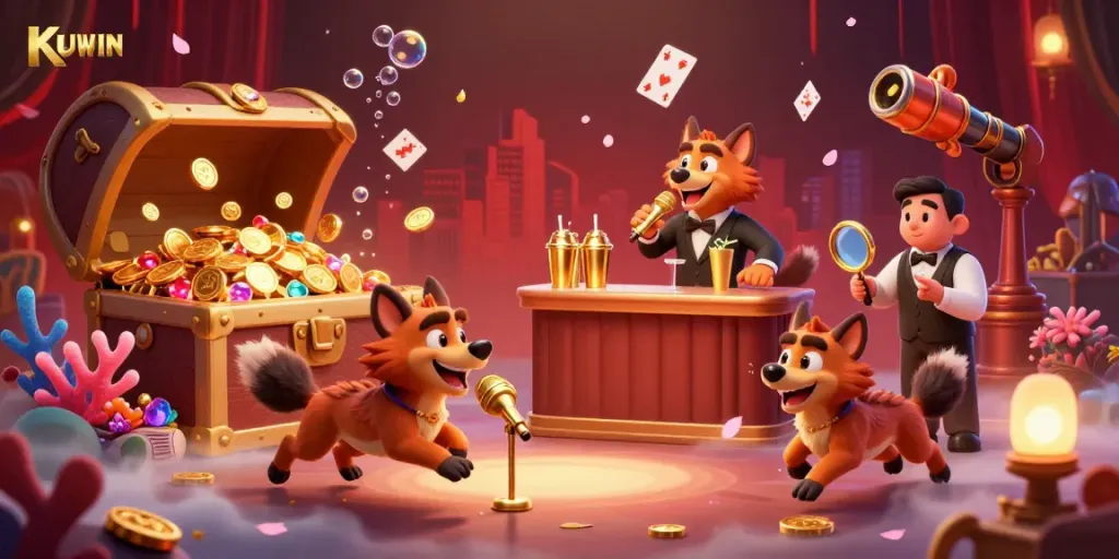 Experience the thrilling KUWIN casino scene with hyenas engaging in entertainment, showcasing vibrant interactive elements.
