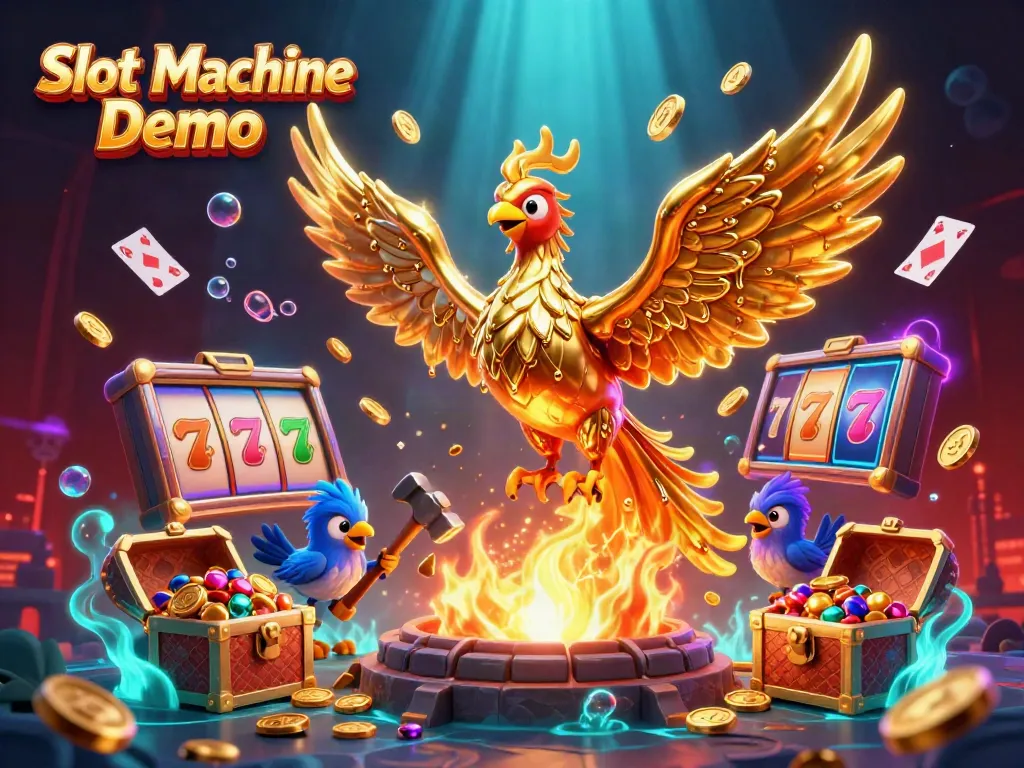 Experience the Slot Machine Demo with a golden phoenix and dynamic slot features in this vibrant illustration.