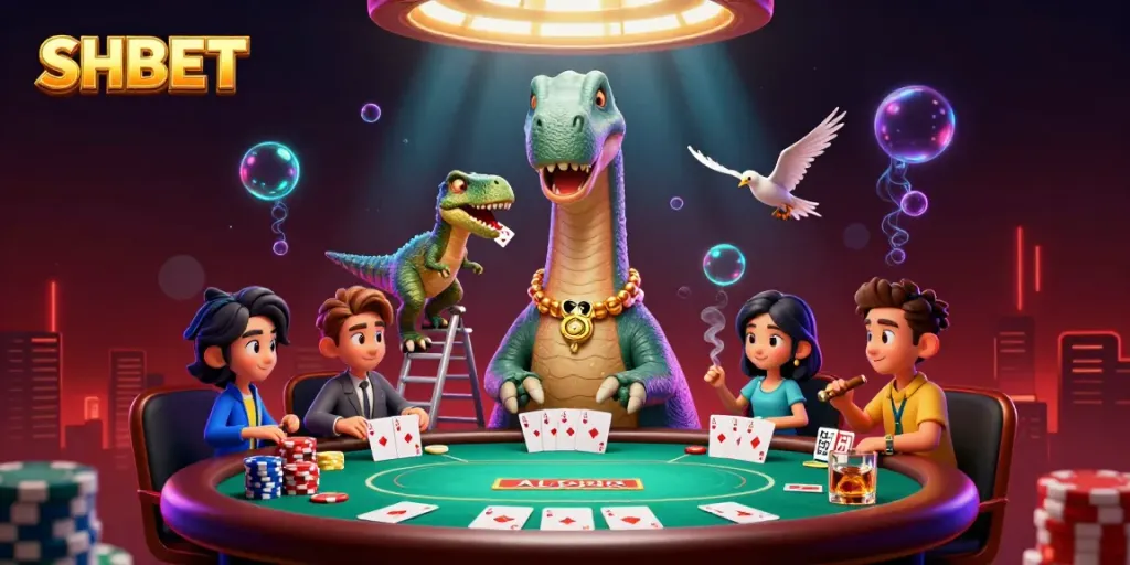 Engage in thrilling poker moments with SHBET's unique 3D casino scene featuring vibrant characters.