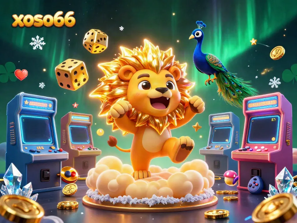 Experience the excitement of xoso66 with a vibrant 3D scene of a roaring lion amidst casino elements.