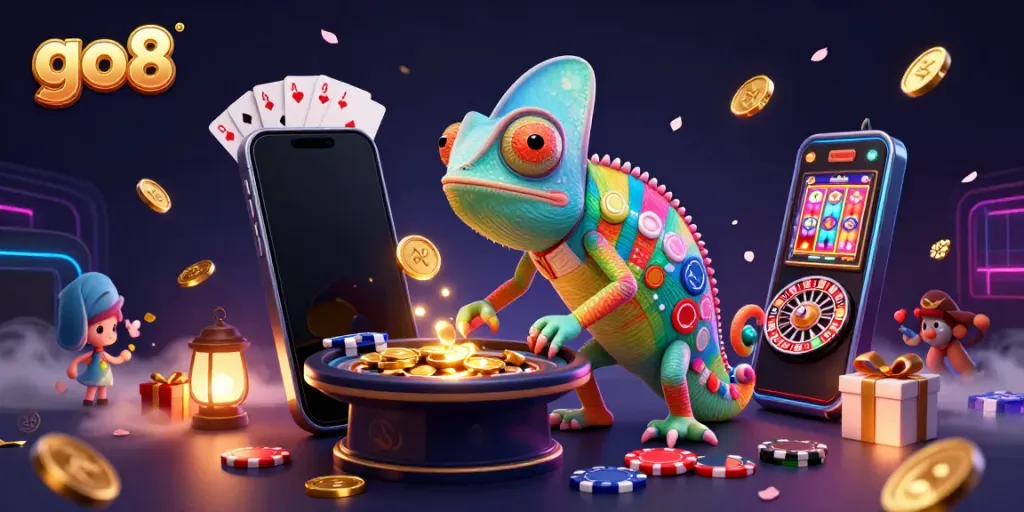 Experience the exciting world of go8, where a vibrant chameleon casino owner delights in spinning slot reels and golden coins.