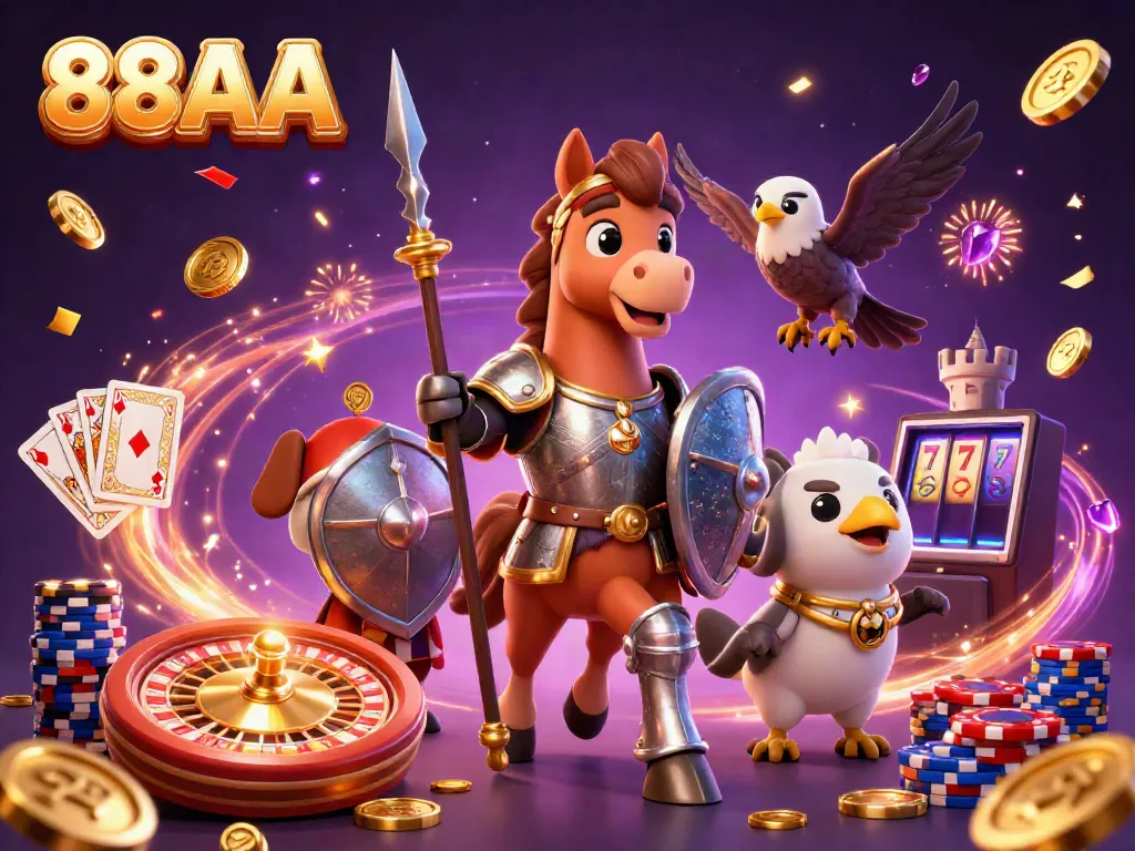 Join the excitement at 88AA with vibrant gaming elements, including coins and roulette wheels.