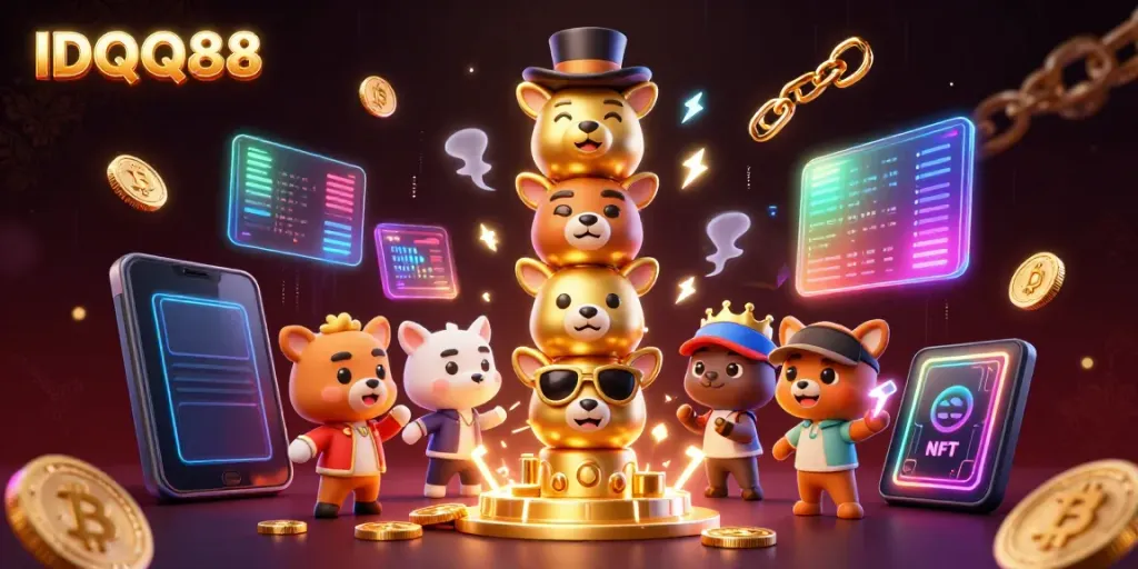 Experience thrilling gameplay at IDQQ88 with a vibrant casino-themed 3D artwork featuring crypto elements and dynamic energy.