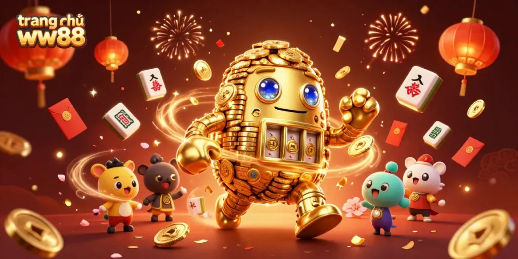 Engage in thrilling gambling at trang chủ ww88, featuring a dynamic golden golem surrounded by vibrant casino elements.