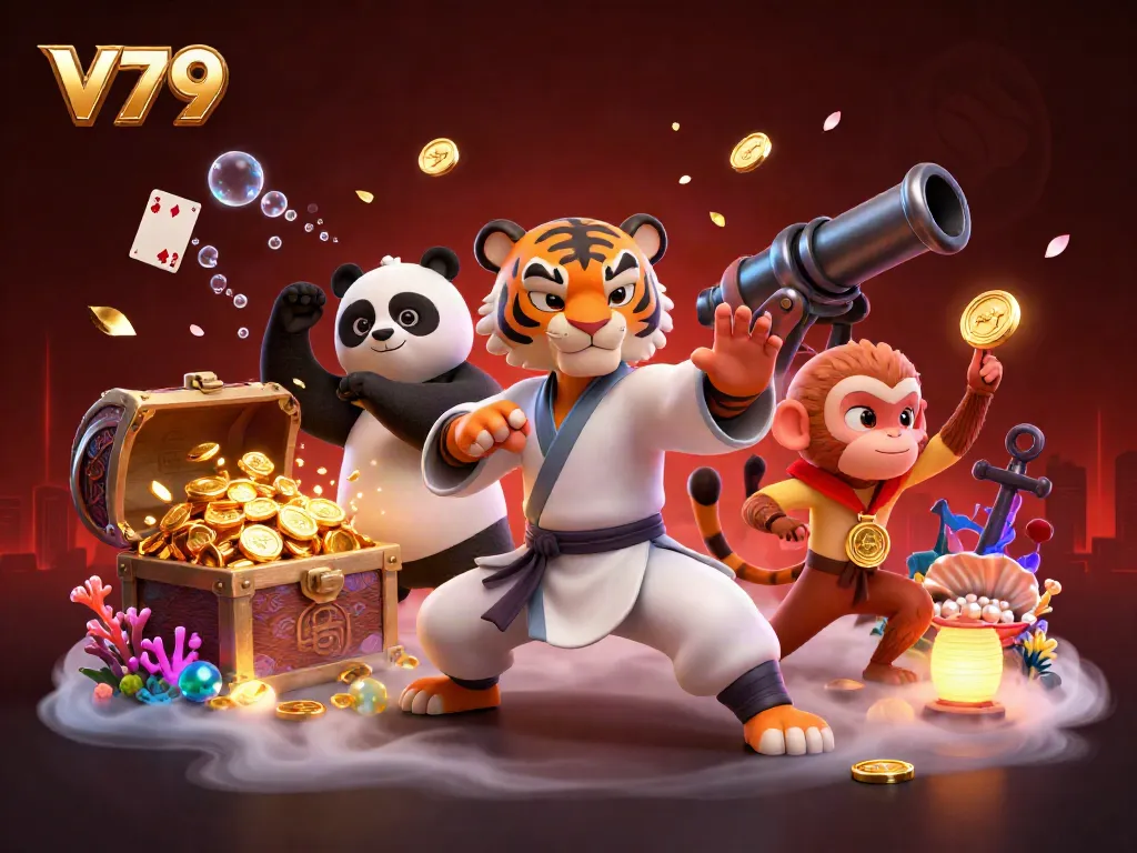 Experience the excitement of V79 with an engaging 3D scene featuring a kung fu tiger, panda disciple, and monkey student amidst vibrant casino elements.