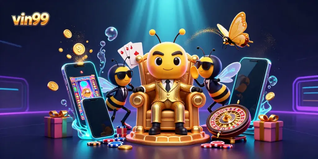 Experience the vibrant world of vin99 with a buzzing bee mob boss and slot games in a magical honeycomb throne room.