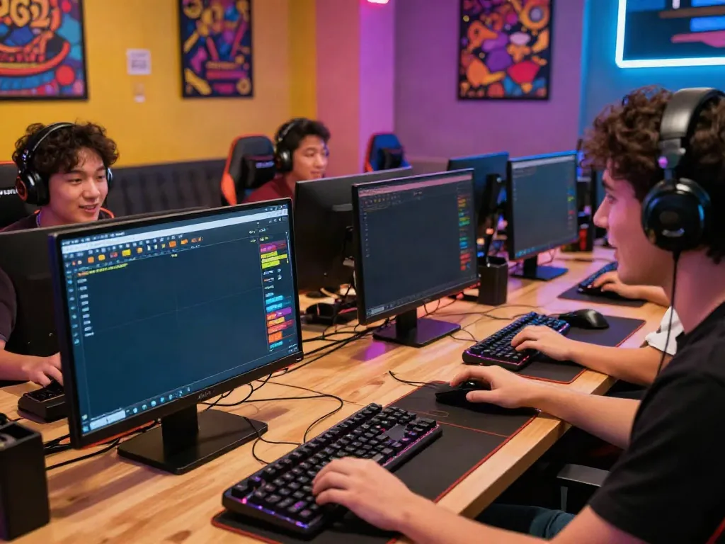 Engaged player in a dynamic bandar togel gaming setup with multiple screens.