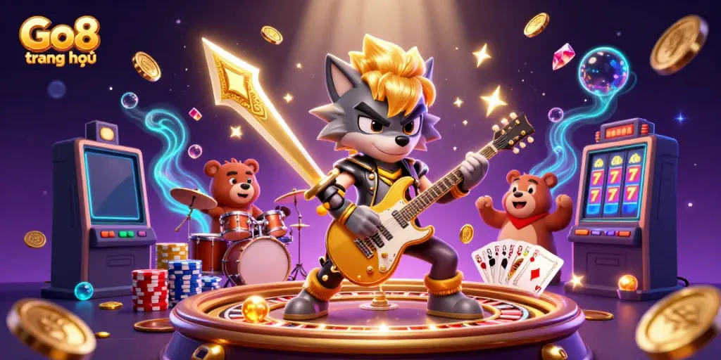 Experience the excitement of Go8 trang chủ with a vibrant digital scene featuring a rock star wolf and a drummer bear amid casino-themed elements.