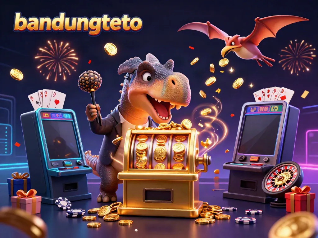 Experience the fun at bandungtoto as a dinosaur interacts with a jackpot slot machine amidst flying coins.