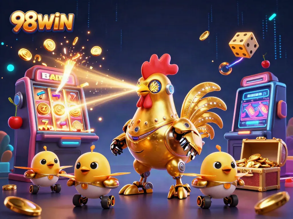 Engage with 98WIN's vibrant casino scene featuring a golden rooster robot and exciting game elements.