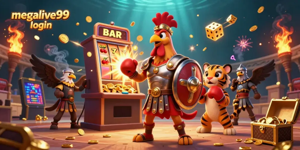 Mengakses megalive99 login di ilustrasi 3D kasino dengan karakter ayam jantan dan elemen permainan.