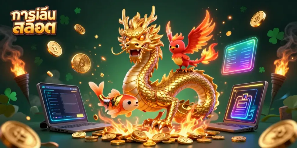 Engage in ทดลองเล่นสล็อต with stunning 3D illustration featuring a dragon and phoenix amidst coins.