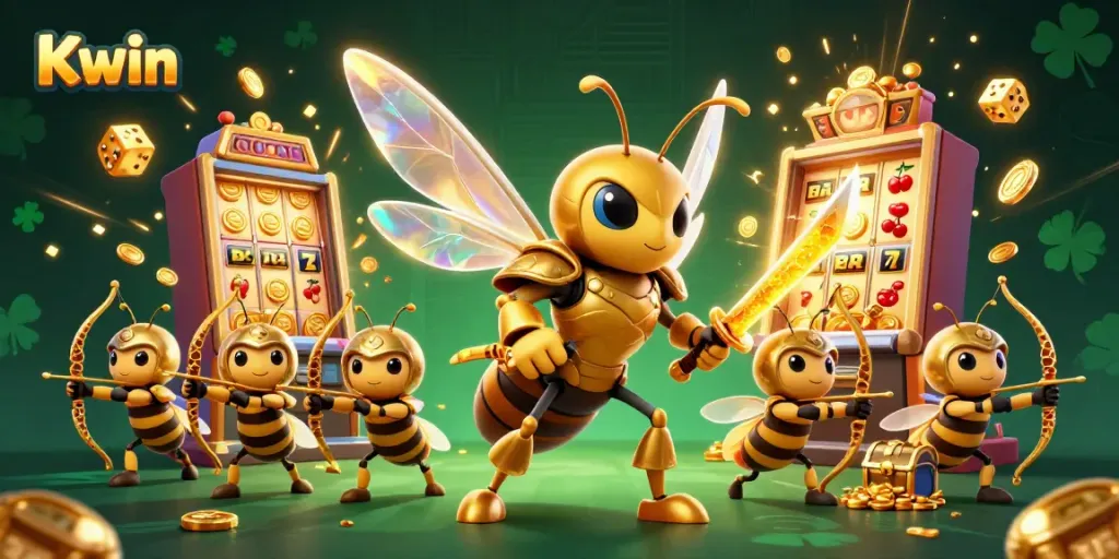 Kwin showcases vibrant slot scenes with a golden hornet samurai leading bee archers in a dynamic casino explosion.