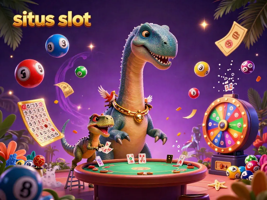 Engage with situs slot in an animated casino scene featuring a dinosaur and vibrant lottery elements.