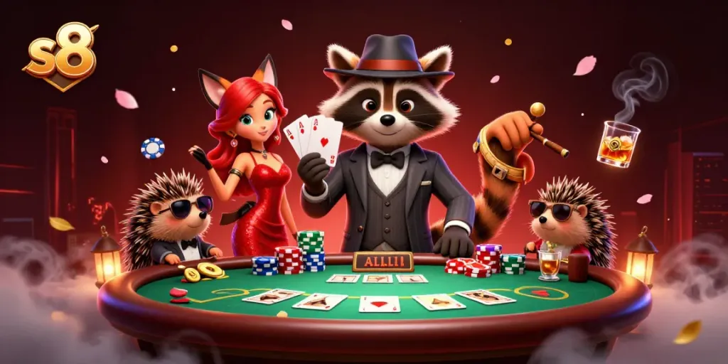 Experience the thrill of s8 poker with a raccoon in a suit, a fox in a dress, and a hedgehog bouncer.