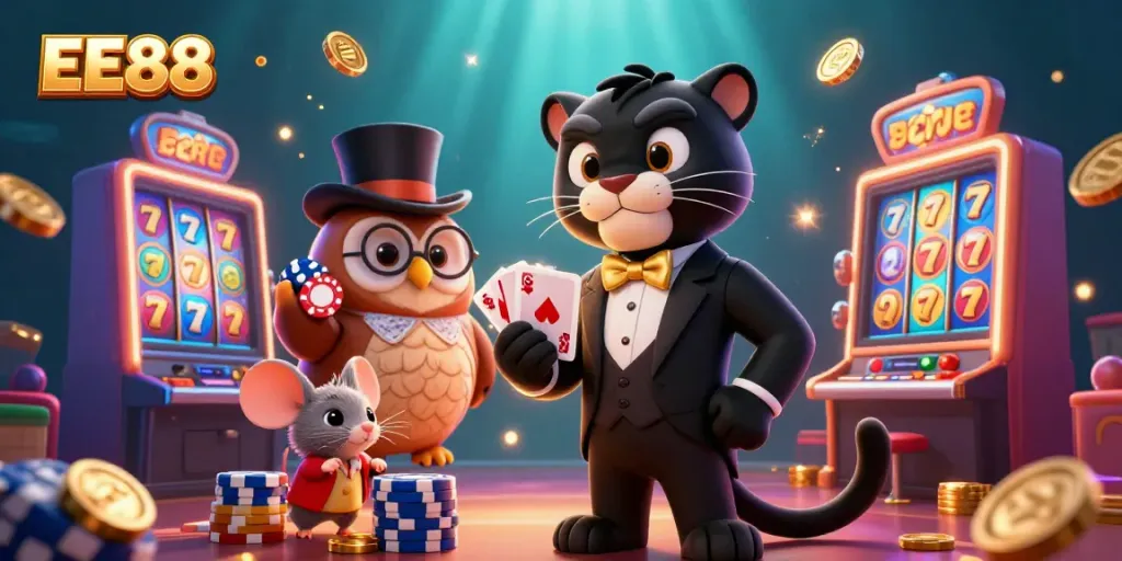 Engage with EE88 through an exciting 3D scene featuring an elegant black panther dealer, lucky characters, and vibrant slot machines.