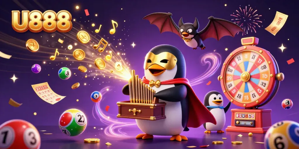 Engage with U888's vibrant gambling universe, where a penguin plays for golden opportunities.