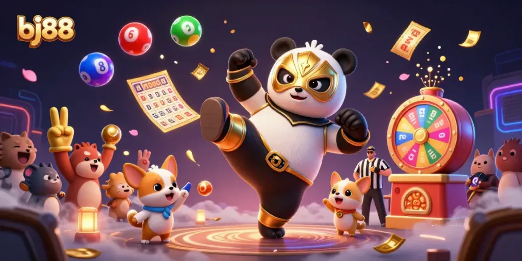 BJ88 themed illustration showcasing a lively casino scene with vibrant betting elements and a wrestling panda.