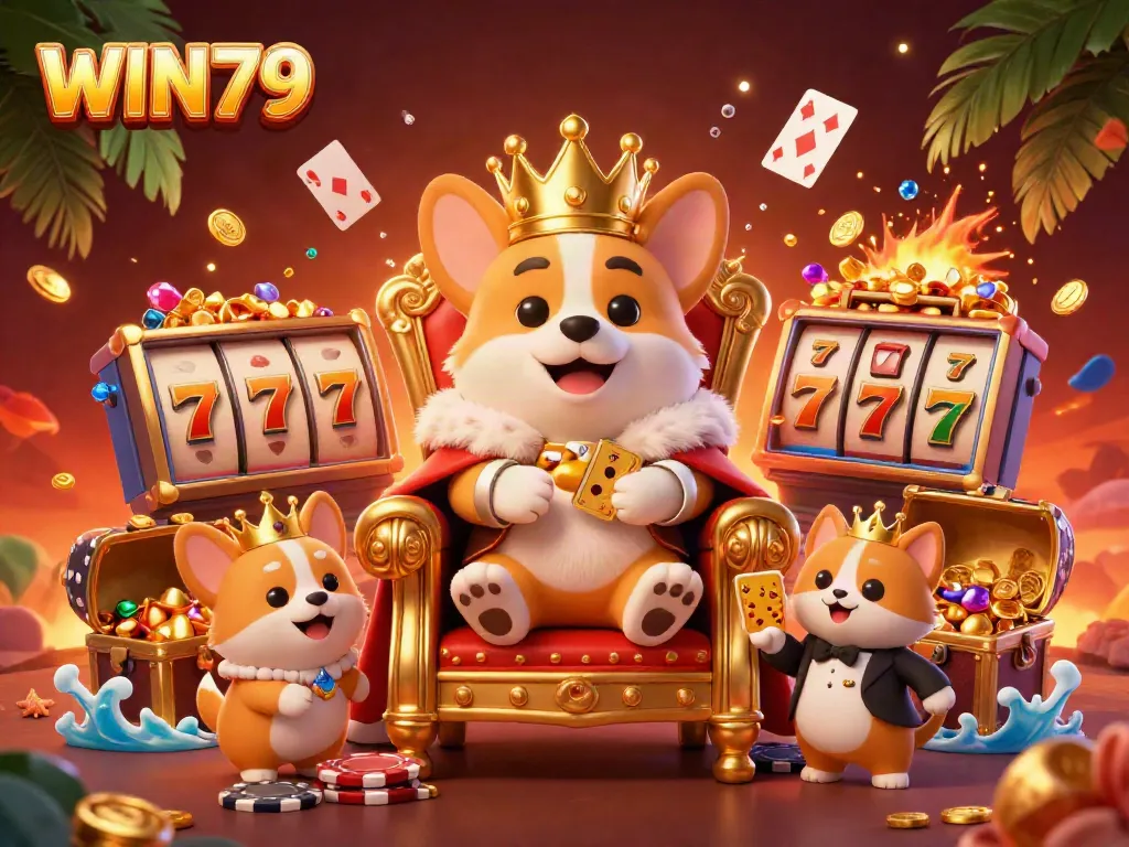 Engage with WIN79 in a vibrant casino scene featuring a royal corgi and playful elements.
