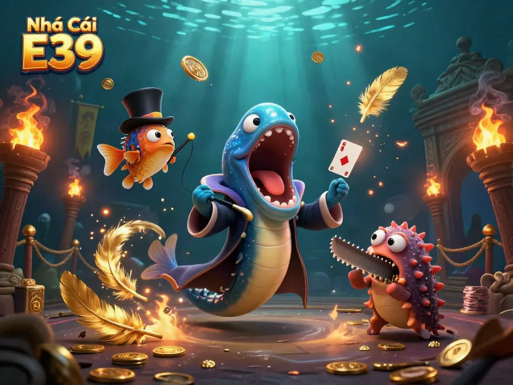 Engage in gaming with Nhà Cái E39, showcasing vibrant underwater scenes with characters performing thrilling card tricks.