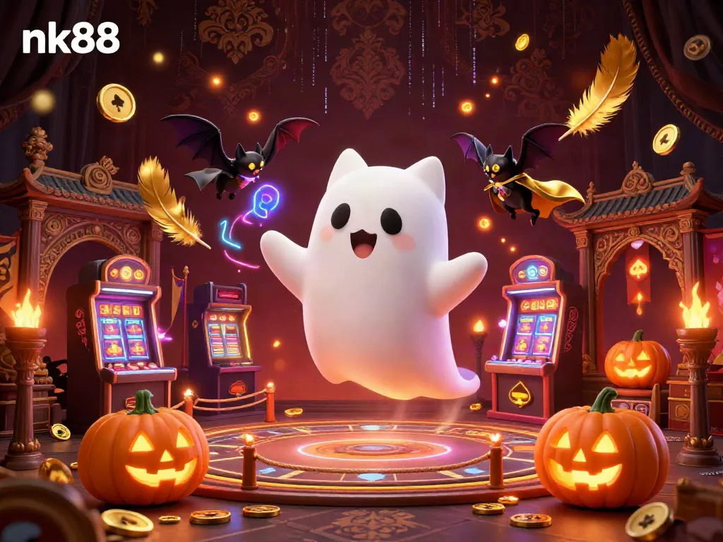 Win big at nk88 with a ghost cat and vampire bat in a lively casino scene.