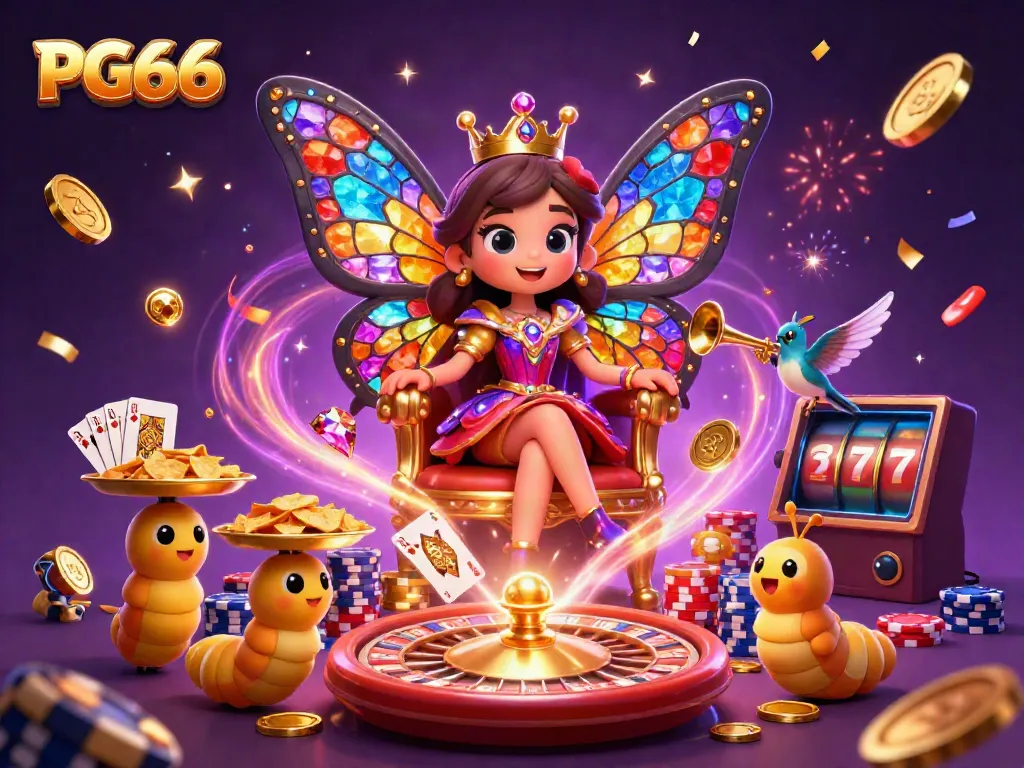 Experience the enchanting PG66 butterfly queen in a vibrant casino scene filled with golden coins and dynamic gaming elements.