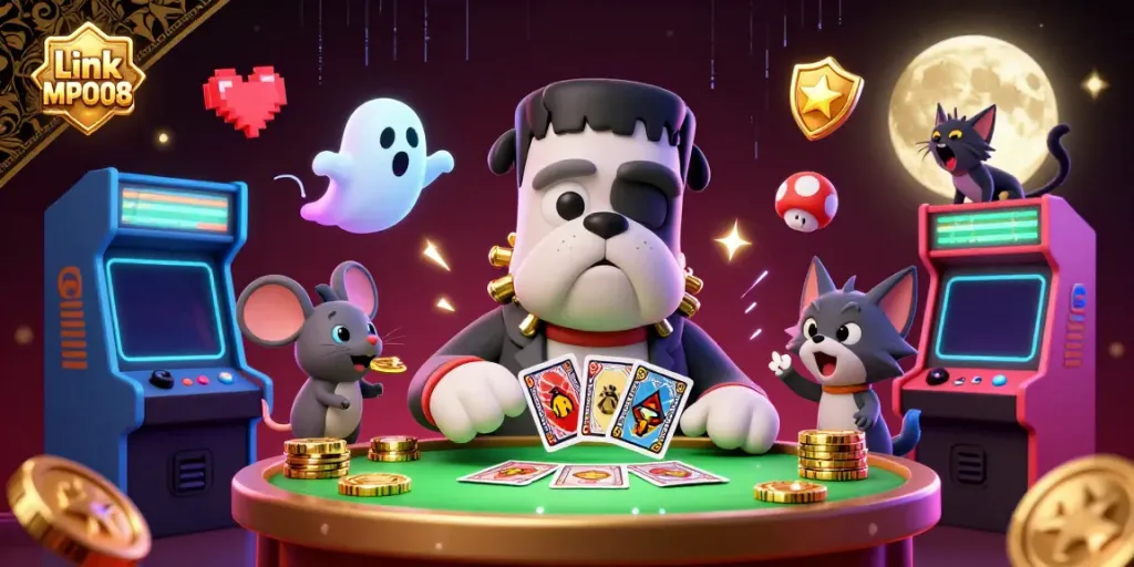 Engage with interactive fun at Link MPO08, depicted with a Frankenstein dog and gaming elements in a vivid scene.