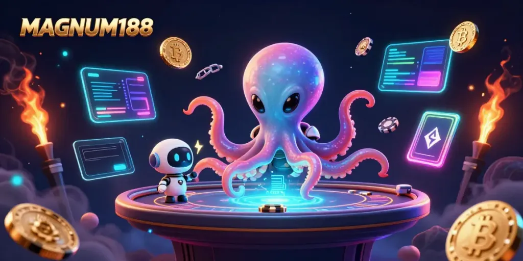 Play at MAGNUM188 with a 3D alien octopus and exciting poker action in a cosmic casino.