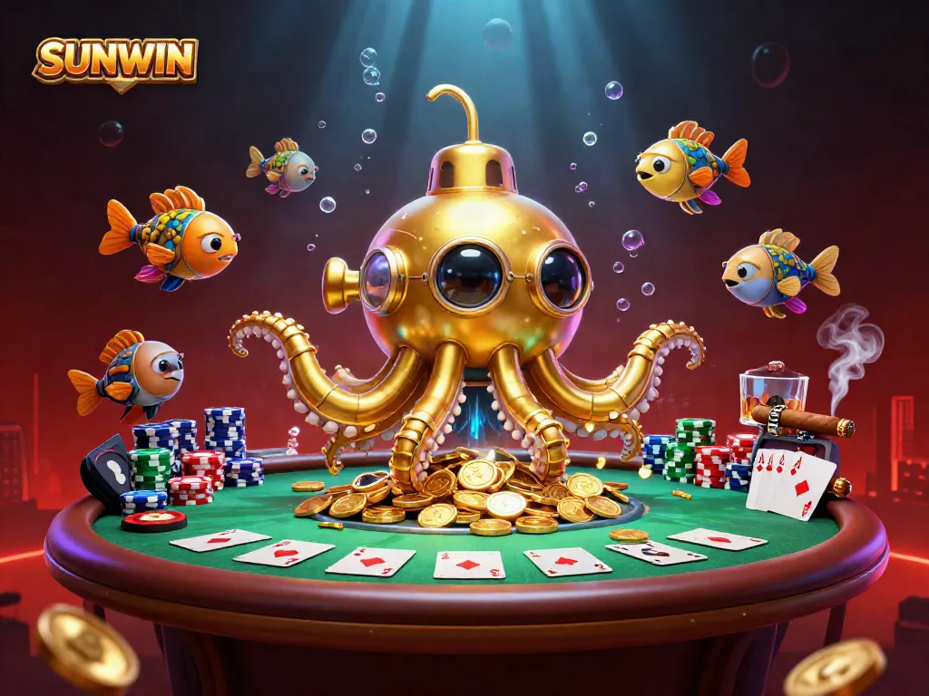 SUNWIN offers thrilling gameplay with a golden kraken submarine amidst poker elements and golden coins, igniting excitement.