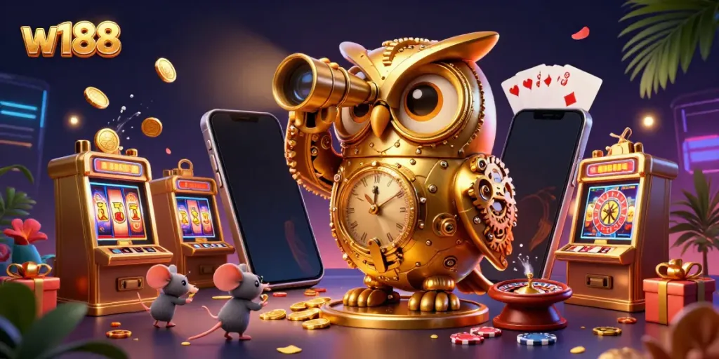 Experience thrilling gaming at w188 with a vibrant scene of cartoon characters interacting with colorful casino elements.
