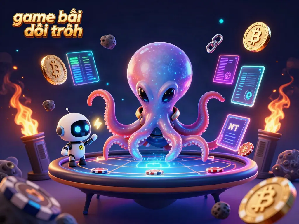 Engaging scene of game bài đổi thưởng featuring a vibrant alien octopus playing poker, with cosmic elements