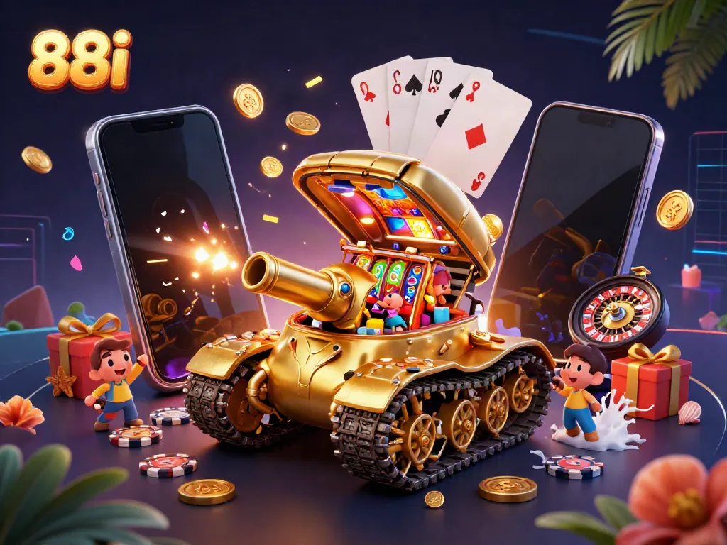 88i's vibrant casino world bursts with action and excitement through golden confetti and towering games.