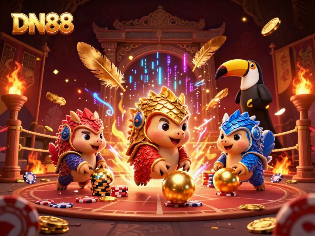 Experience the excitement of DN88 with vibrant pangolins bowling through chips in this engaging casino scene.