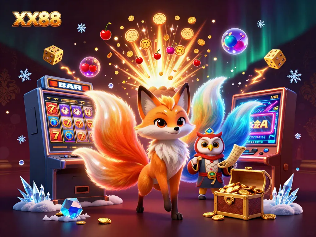 Experience the vibrant world of XX88 with a dynamic scene featuring a magical nine-tailed fox and extraordinary casino elements.