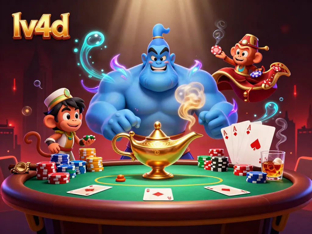 Experience lv4d with a blue genie, poker chips, and vibrant casino atmosphere.