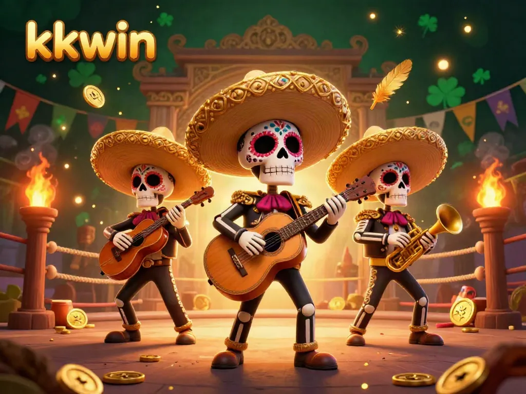 KKWIN showcases a vibrant mariachi band amidst dynamic gaming elements, symbolizing lively casino action.