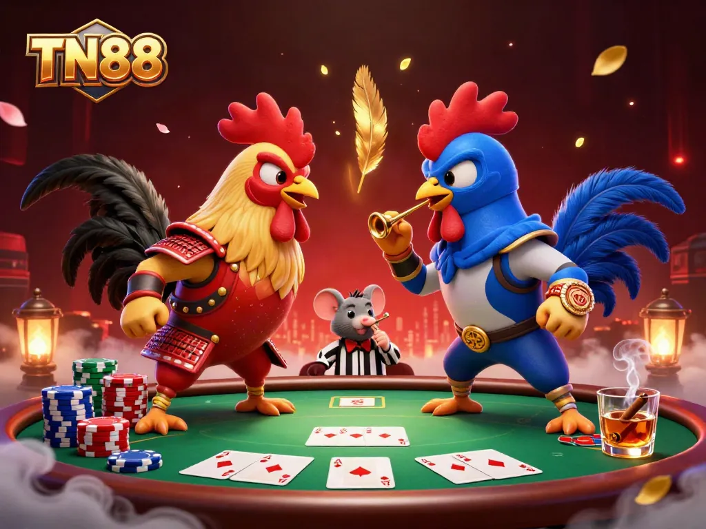 Experience casino excitement with TN88 in a dynamic rooster showdown at the poker table.