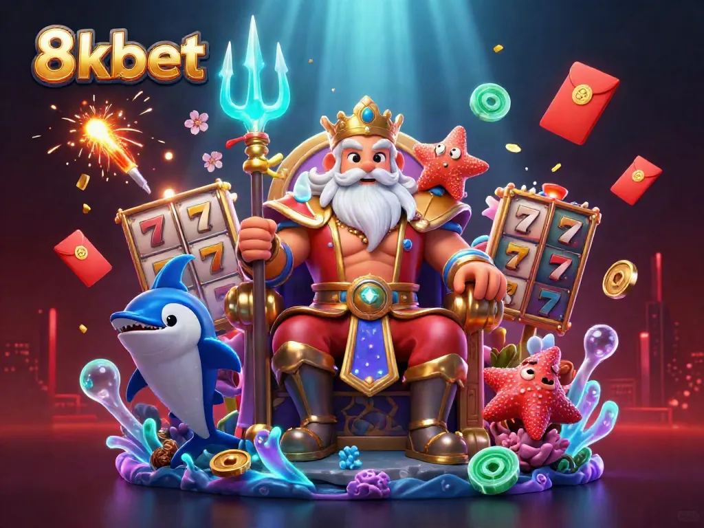 Experience the thrill of 8xbet gaming with Neptune and vibrant slot elements in a rich 3D scene.