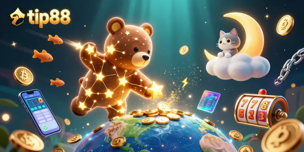 Catch tips at tip88 with a vibrant 3D casino illustration, depicting golden stars, slot reels, and crypto elements.