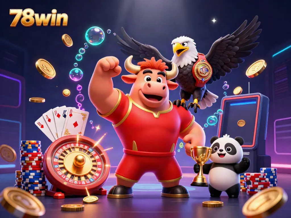 Immerse yourself in 78win's exciting adventure with a muscular bull mascot, eagle, and panda amidst dynamic casino elements.