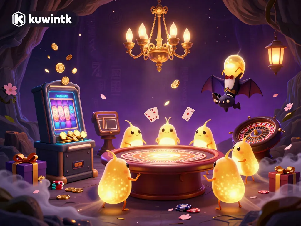 Engage with kuwintk in a vibrant casino illuminated by glowworms and a bat dealer.