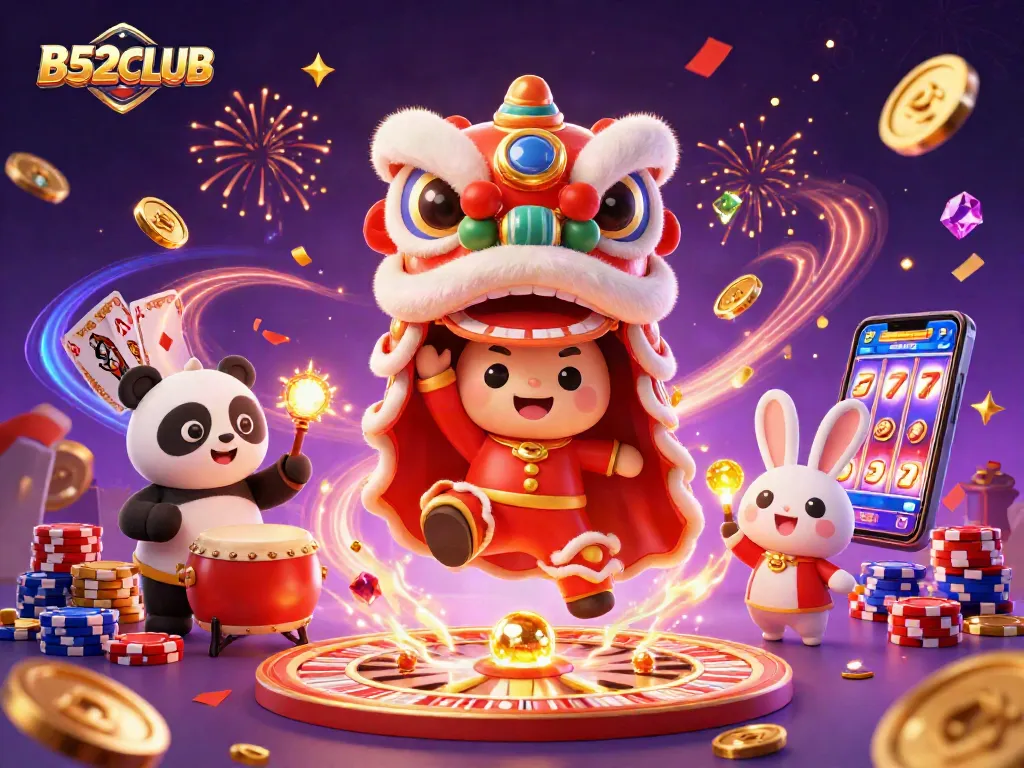 Engage with B52CLUB in an immersive casino experience featuring festive characters and vibrant game elements.