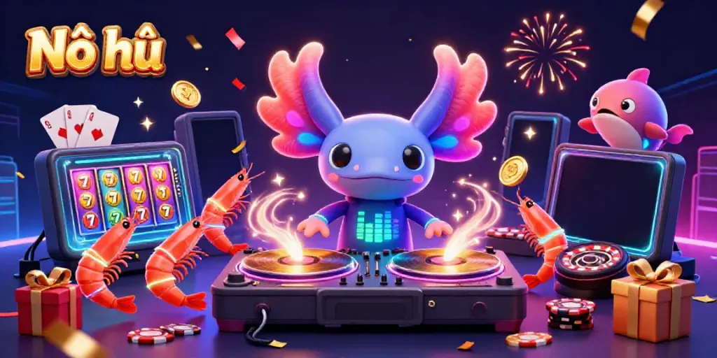 Nổ hũ spins to life as a neon axolotl DJ plays vibrant slot games amidst a lively underwater party.