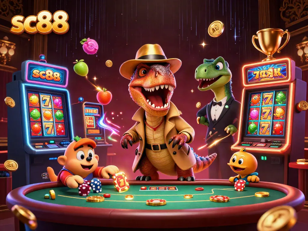 Watch the sc88 velociraptor card counter strategize at the blackjack table with an exciting casino backdrop.