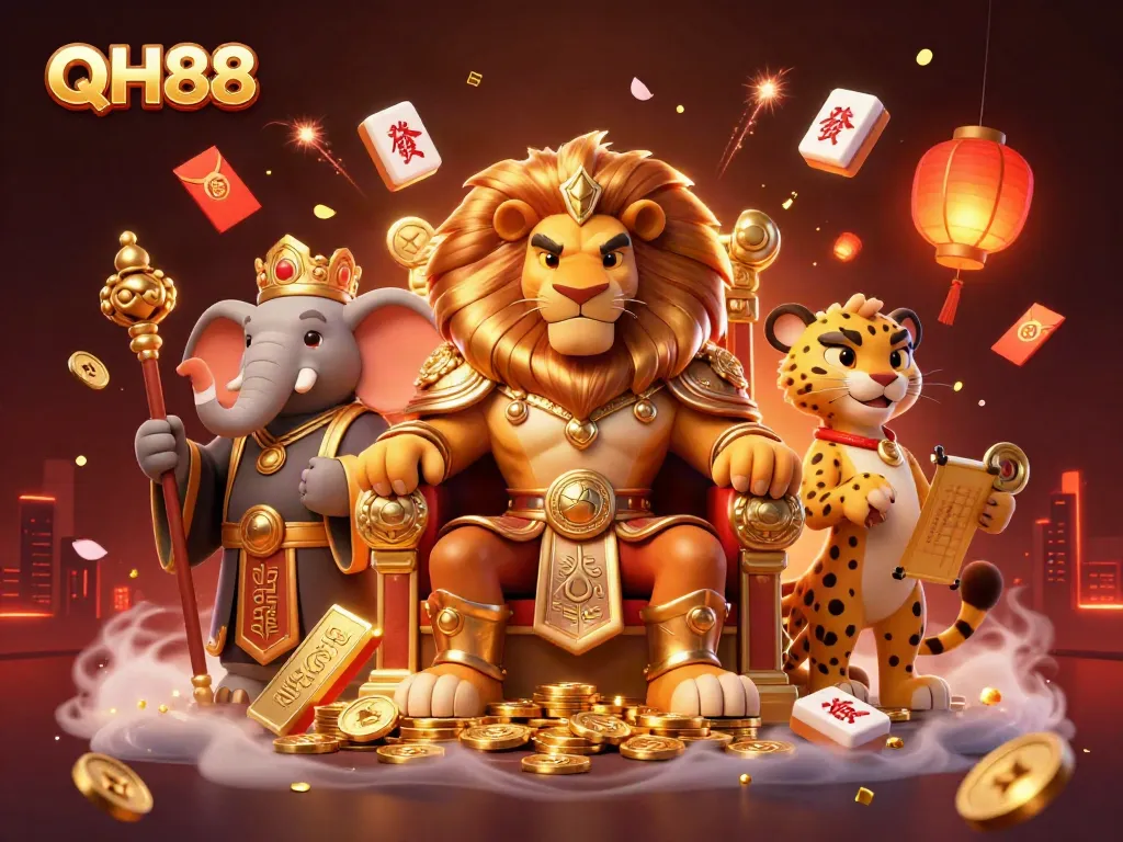 Experience QH88's vibrant gaming scene with majestic characters amid festive decorations and casino elements.