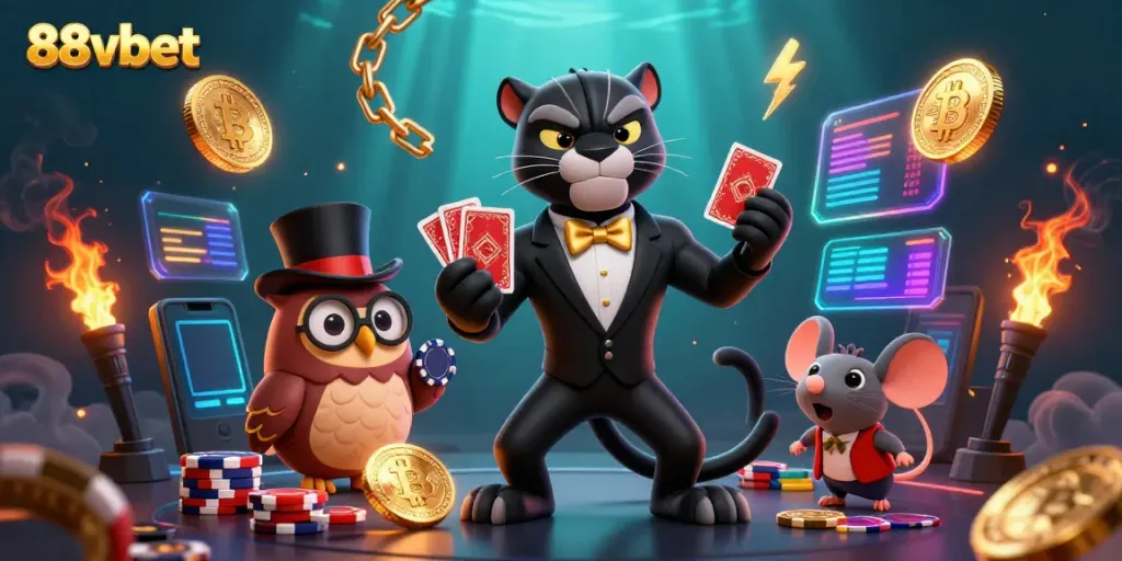 Engage with exciting games at 88vbet featuring a glamorous panther dealer and playful companions amidst vibrant casino elements.