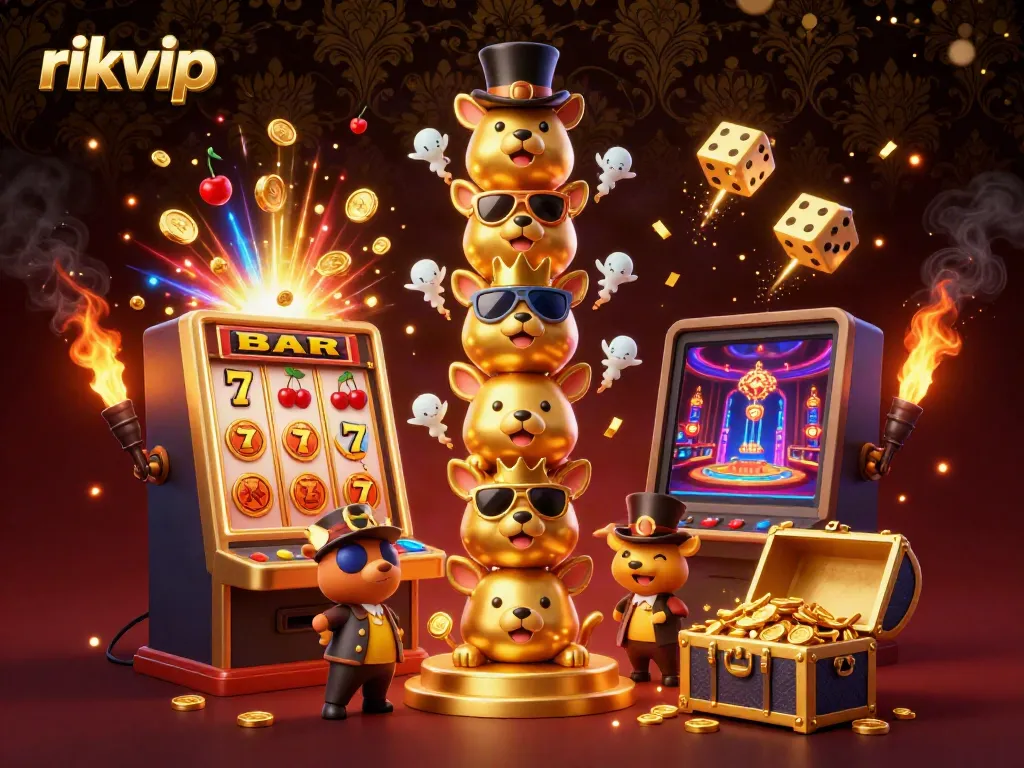 Engage with exciting games on rikvip, featuring colorful jackpots, a lively totem pole, and casino accessories!