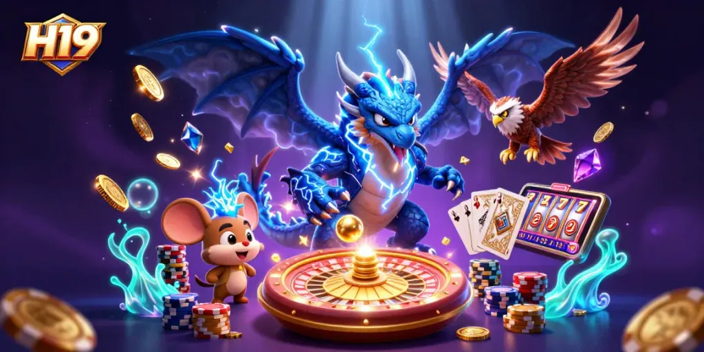 Win big with H19's vibrant 3D illustration showcasing dynamic casino elements and colorful characters.