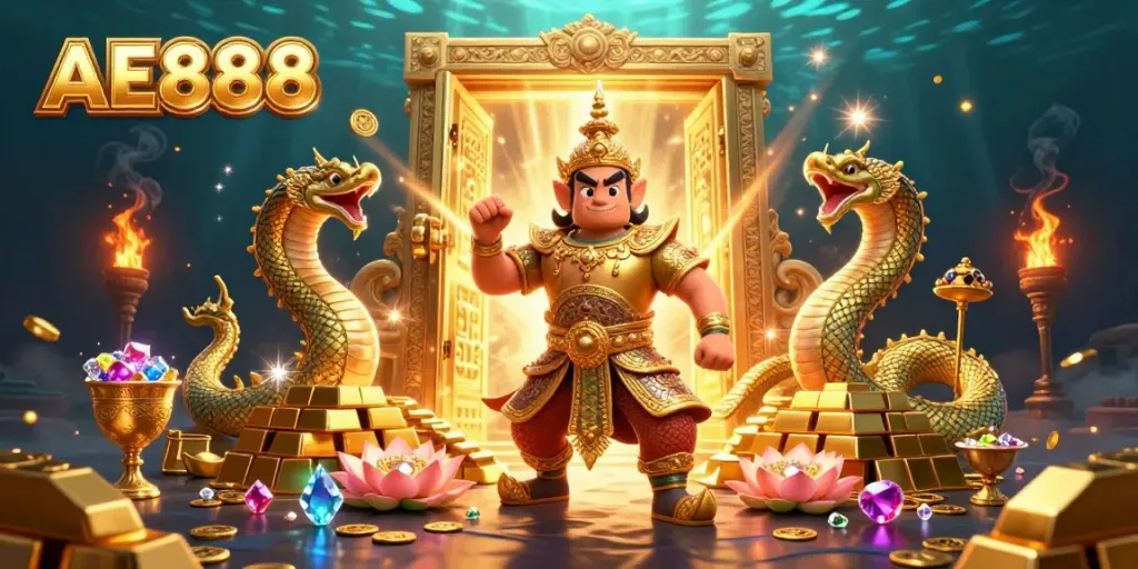 Engage in gameplay at AE888 with the golden treasure vault, guardian, and Naga serpents.